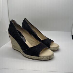 Tommy Hilfiger Black Wedge Heel Espadrille Floral Print Sandals Women Size 6 1/2